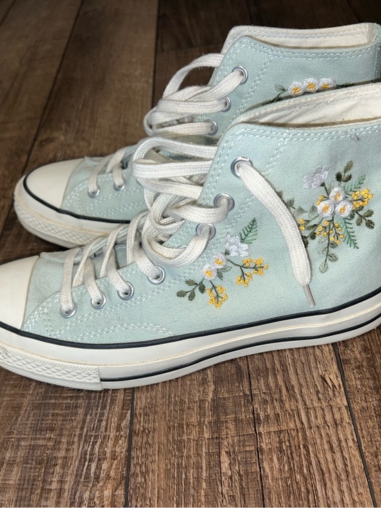 Converse Shoes - Custom Converse Light Mint High-Top Sneakers with Floral Embroidery